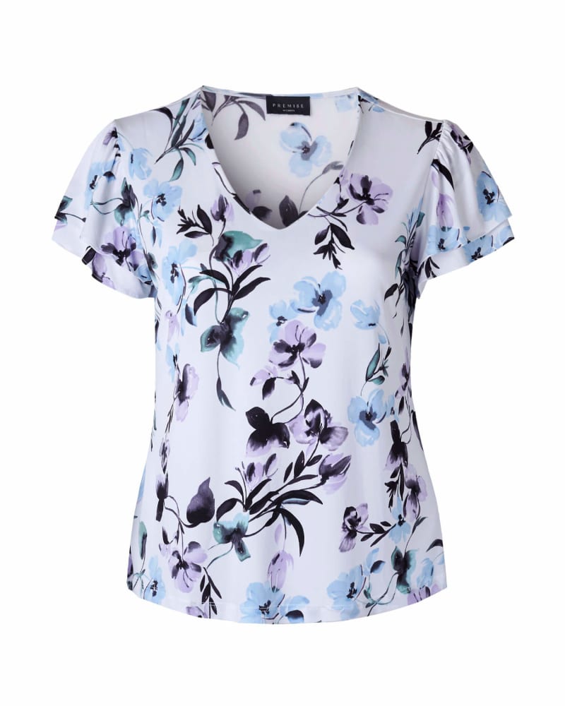 Front of a size 1X Vanessa Flutter Sleeve Top in Opal Floral by Premise. | dia_product_style_image_id:283451